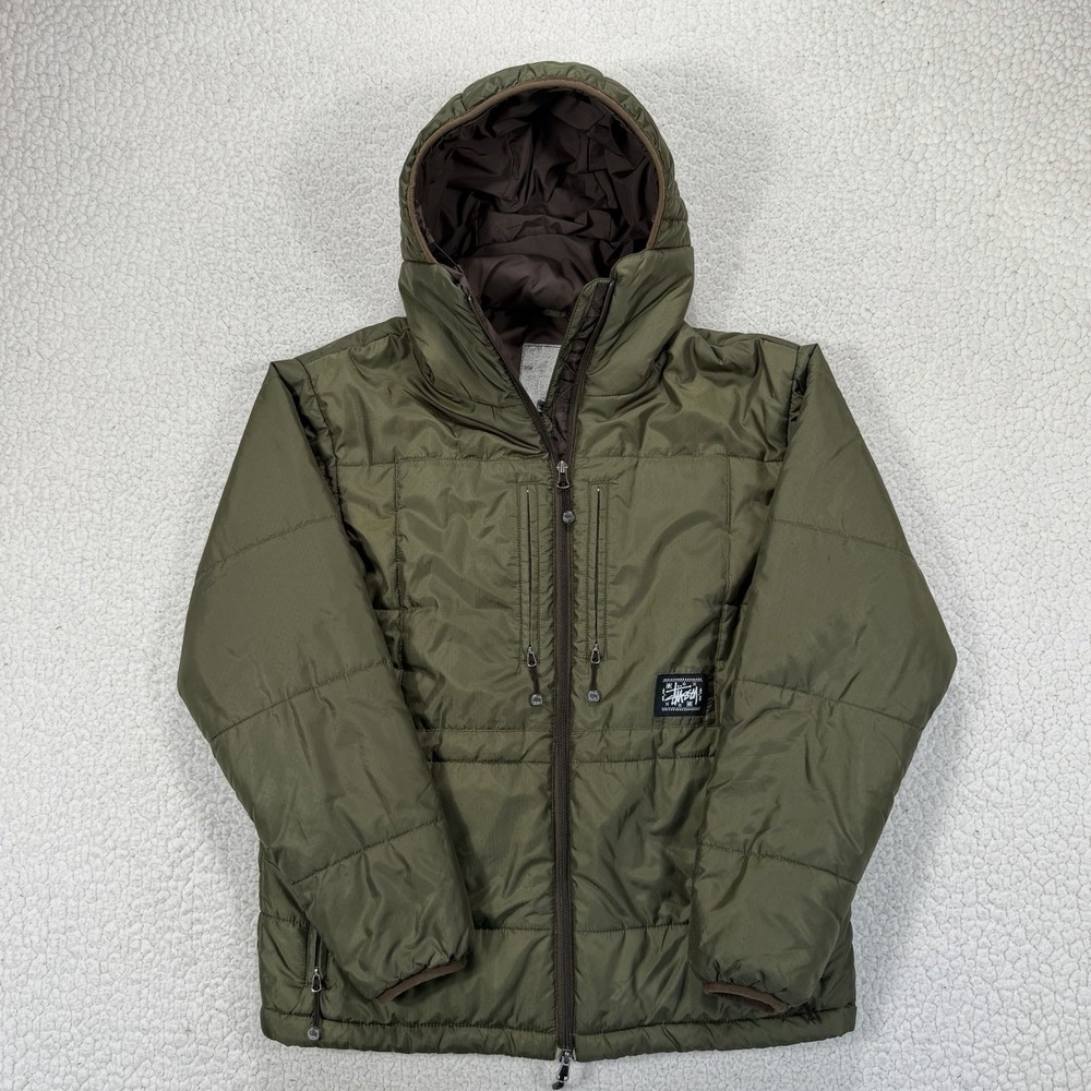 VTG Stussy Gear Puffer Jacket Hooded Olive Green Men's S Urban Streetwear Y2K